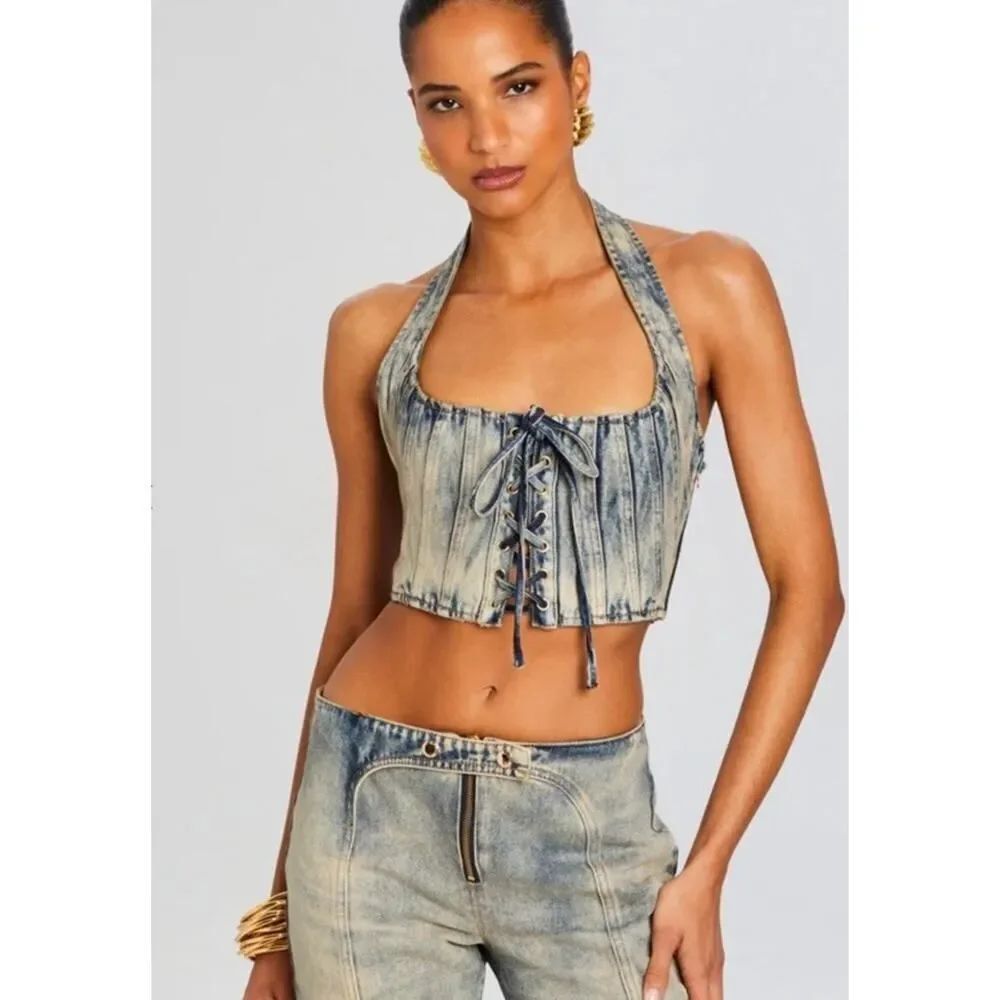 NWT Retrofete Bandit Denim Halter Corset Top Amalfi Lace Up Crop Size S